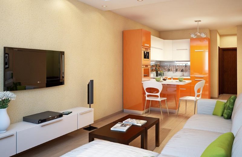 Τοίχωμα κουζίνας-σαλόνι με χρώμα επίπλων