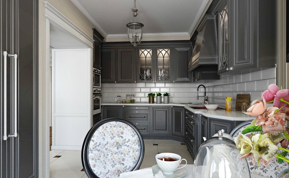 Delantal de cerámica blanca en la cocina con juego gris