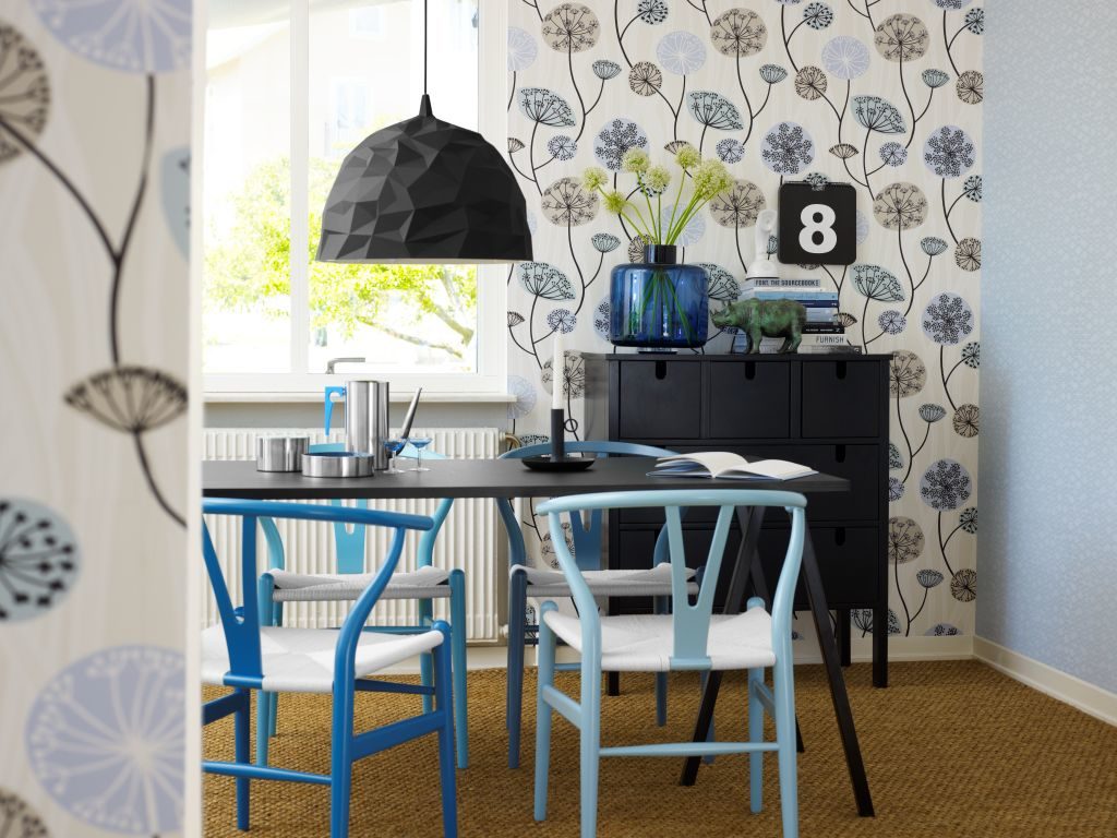 Modern chairs in the kitchen with vinyl wallpaper