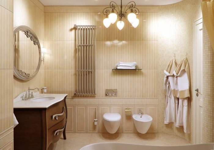 Salle de bain de couleur beige.