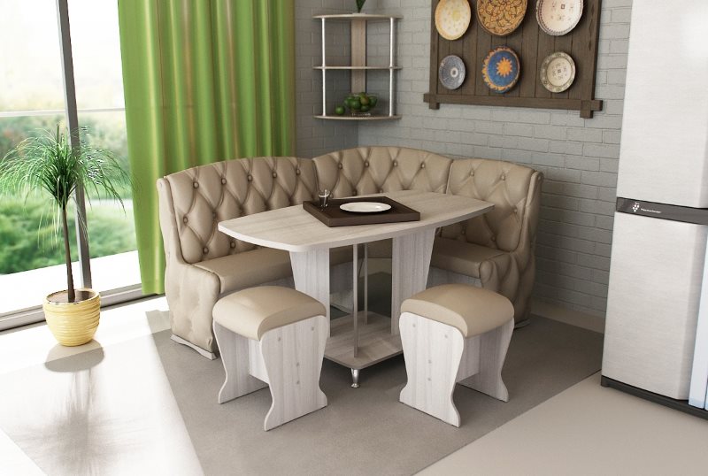 Design of a kitchen corner with a soft sofa