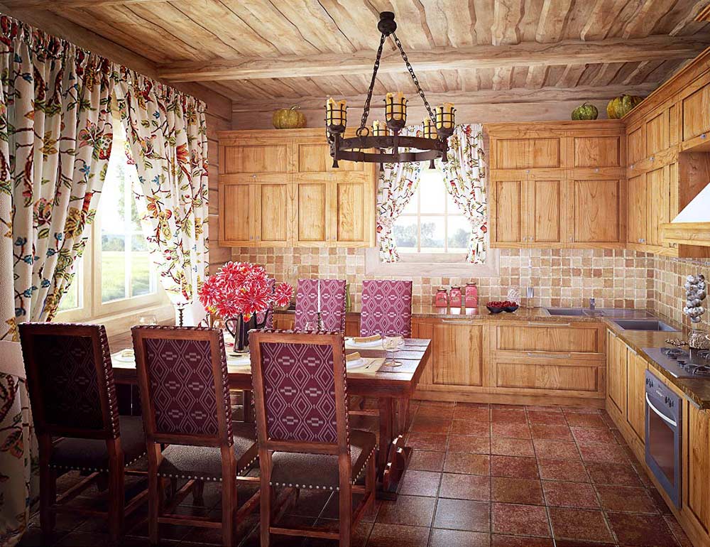 Colorful curtains in the kitchen with wooden furniture