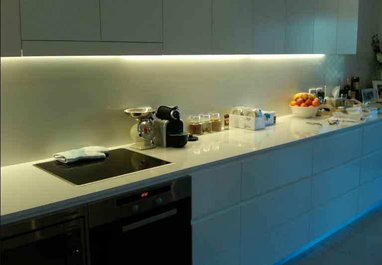LED backlight white countertops kitchen unit