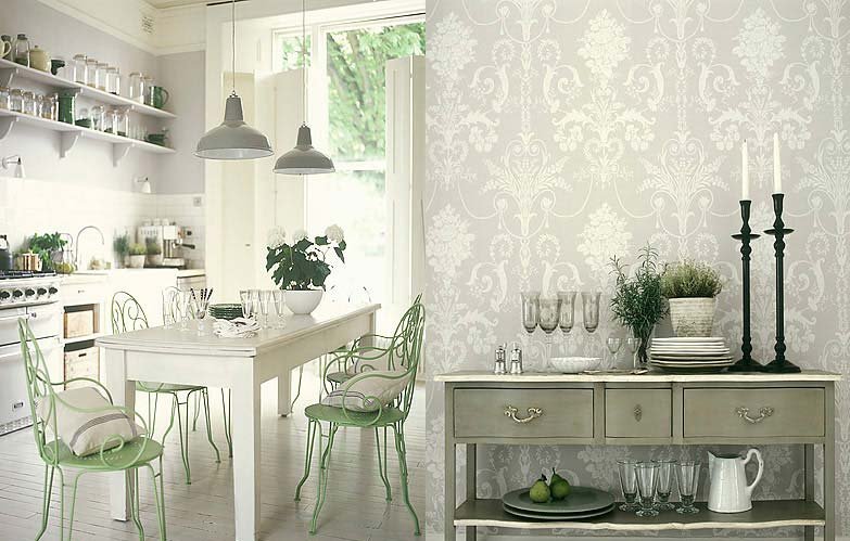 Embossed wallpaper in the kitchen of a private home