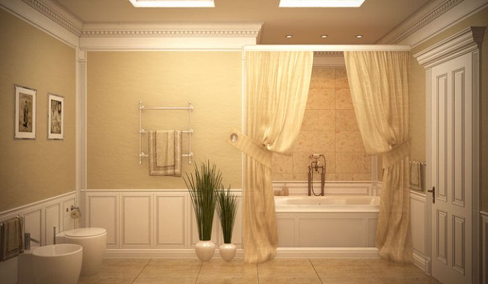 Rideaux dans une salle de bain classique.