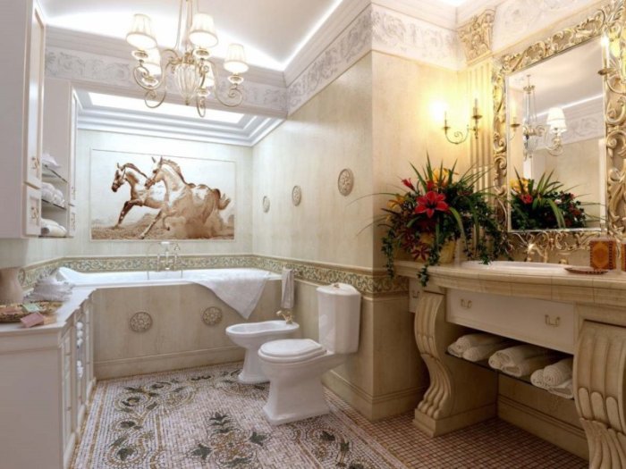 La salle de bain beige est classique.