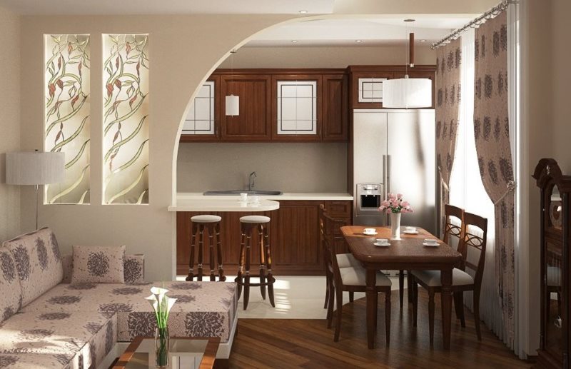 Design of a kitchen-living room of 19 square meters with an arch