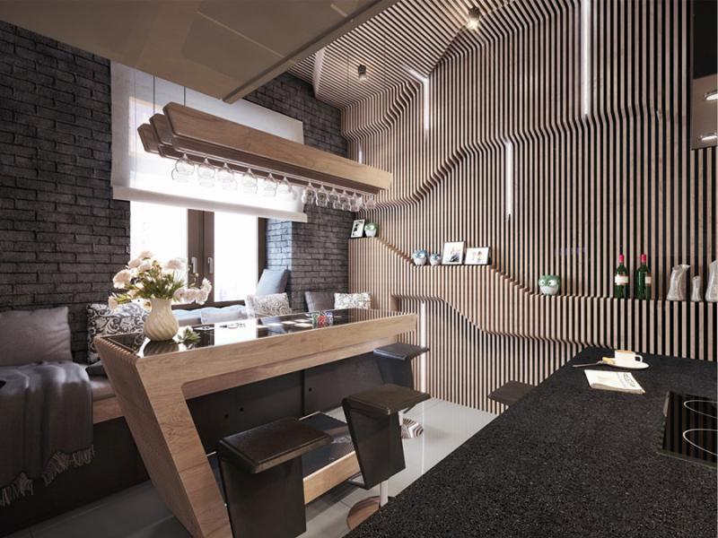 The bar counter in the author's kitchen-living room