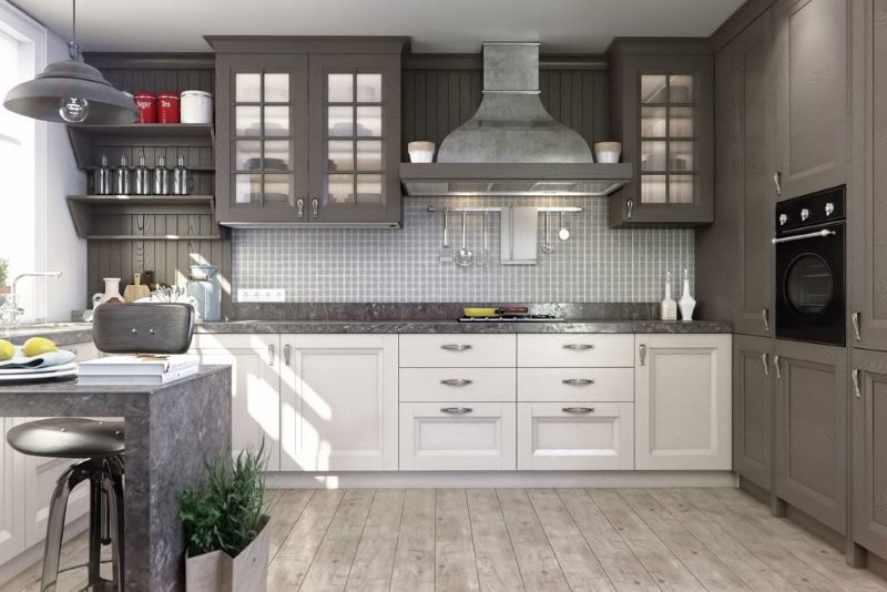 Intérieur de cuisine de style néoclassique gris et blanc
