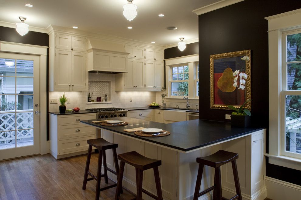 Black countertops headset in a classic kitchen