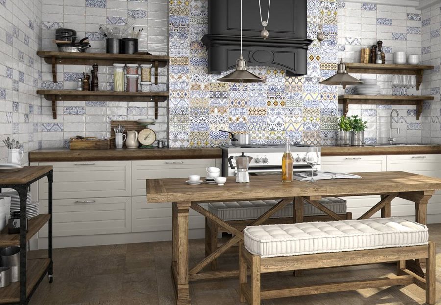 Decorative tiles in the interior of the kitchen with wooden furniture