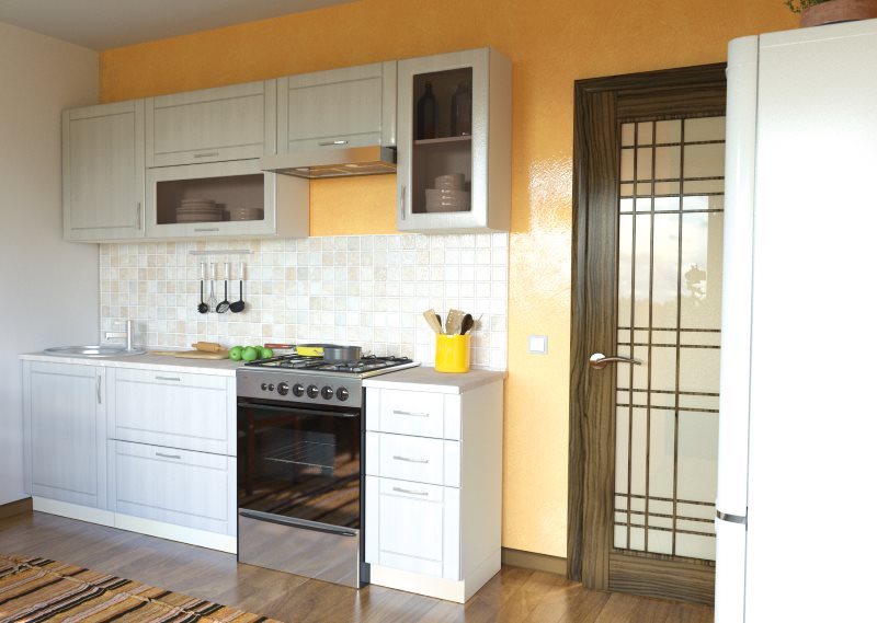 Gas stove in a linear kitchen set