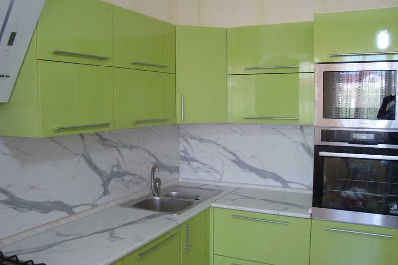 Light green facades corner set for a small kitchen