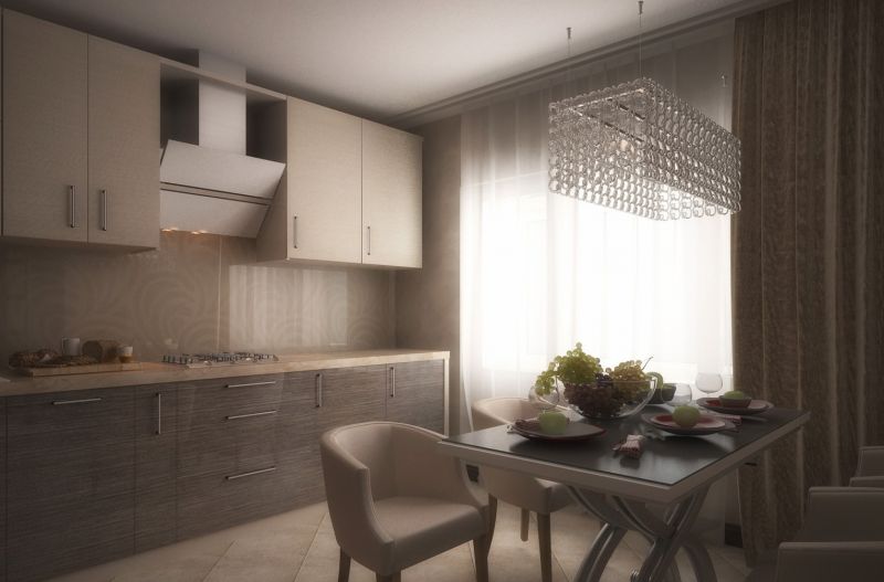 Șorț din sticlă în bucătărie cu un set liniar