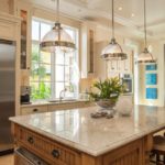 Fresh flowers in a vase on a kitchen island