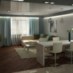 Design of a kitchen-living room with spotlights