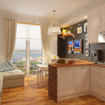 Peninsula-style bar counter in the kitchen with balcony
