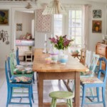 Blue chairs at the wooden table