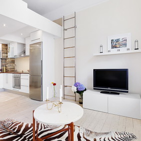 Coffee table on a striped carpet