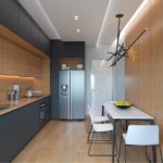 Dapur linear dengan fasad kelabu