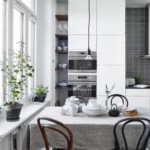 Трапезна маса в близост до кухненския прозорец без завеси