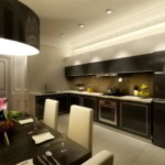 Iluminación de cocina con muebles oscuros.