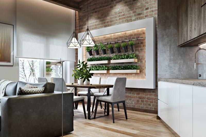 Brick wall in eco-style kitchen-living room