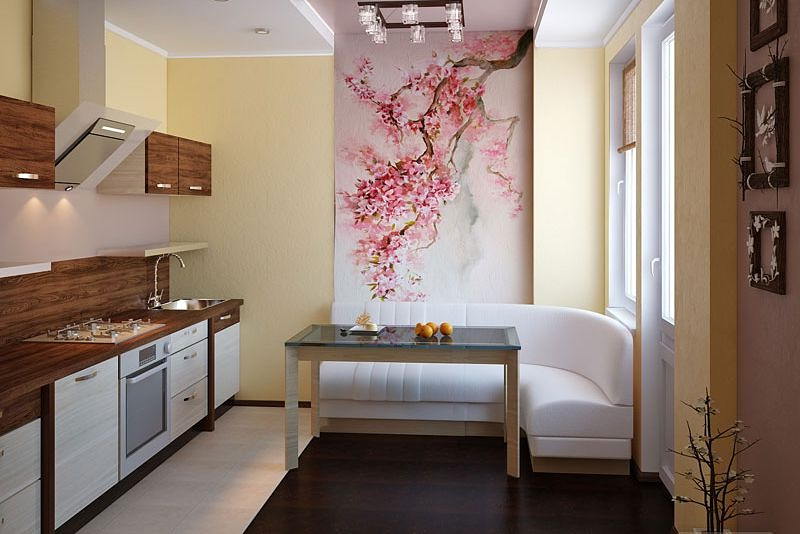 Tapete escuro em um piso claro em uma cozinha de estilo japonês