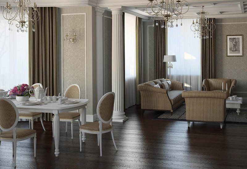 Ευθείες κουρτίνες από χοντρό ύφασμα στα παράθυρα της κουζίνας-σαλόνι