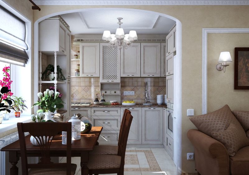 Cozinha-sala Khrushchev no estilo clássico