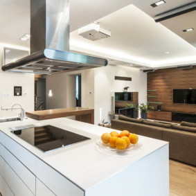 Living room kitchen design with white island
