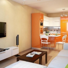 Elongated kitchen-living room interior