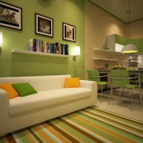 Multi-colored stripes on the rug in front of the sofa