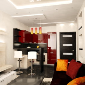Design of a kitchen-living room with a multi-level ceiling