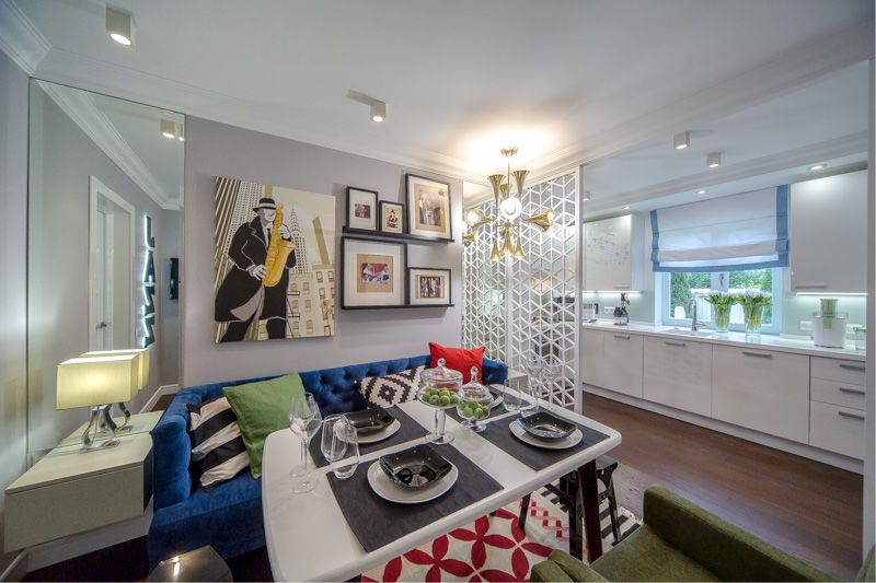 White kitchen-living room of 18 square meters
