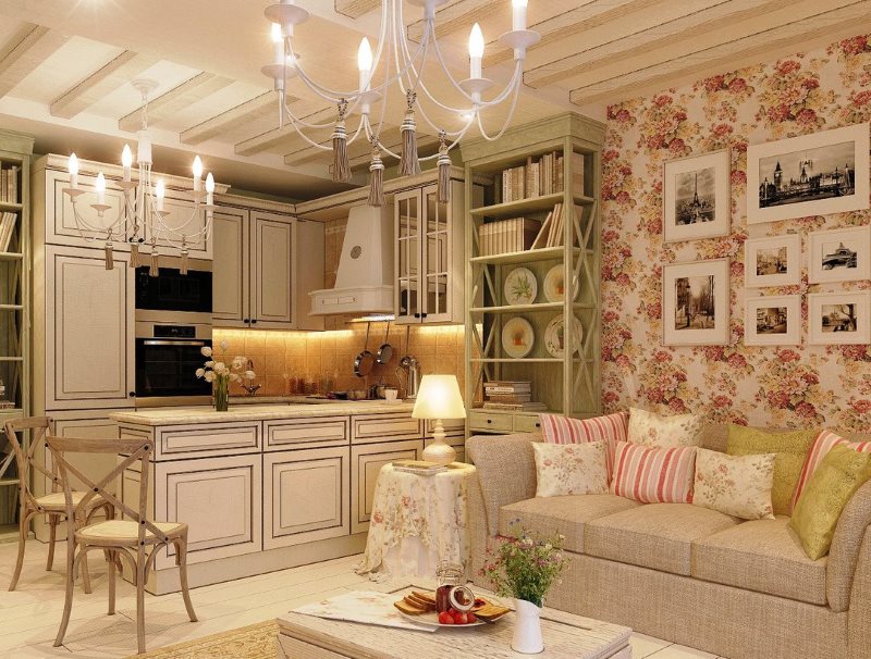 Design kitchen living room 16 squares in provence style