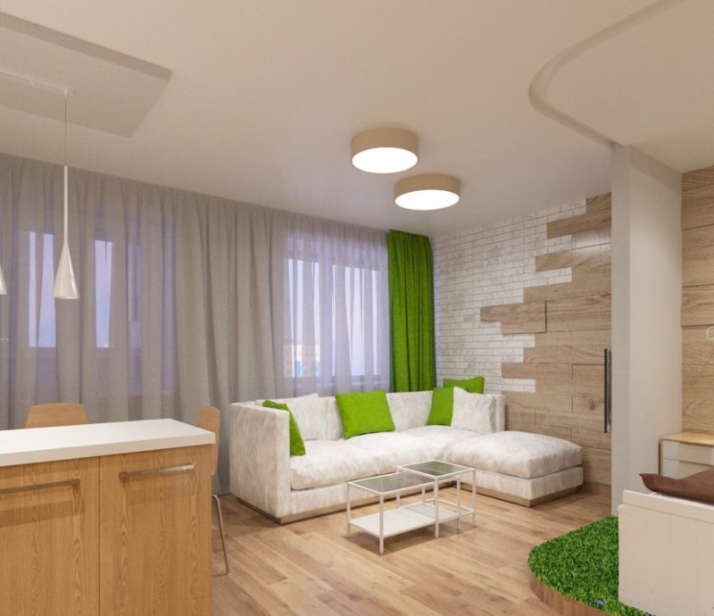 Green color in the interior of the kitchen-living room eco-style