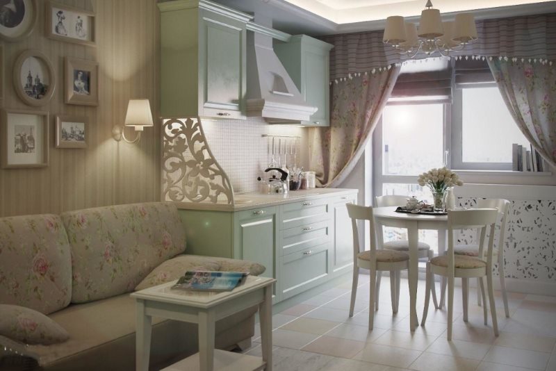 Provence-style kitchen-living room dining area