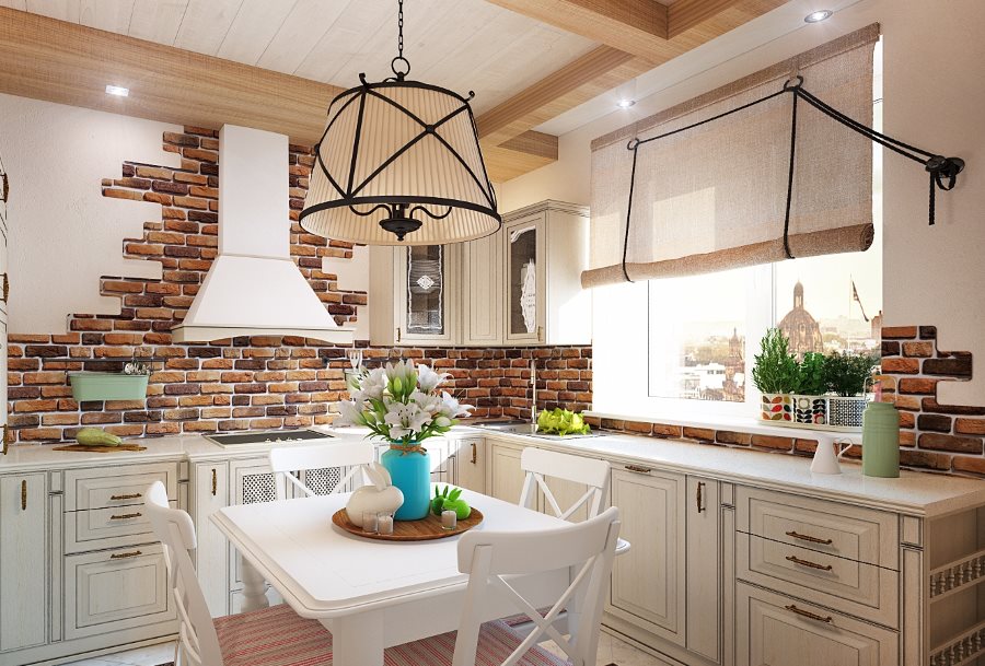Brick tiles in a country kitchen interior