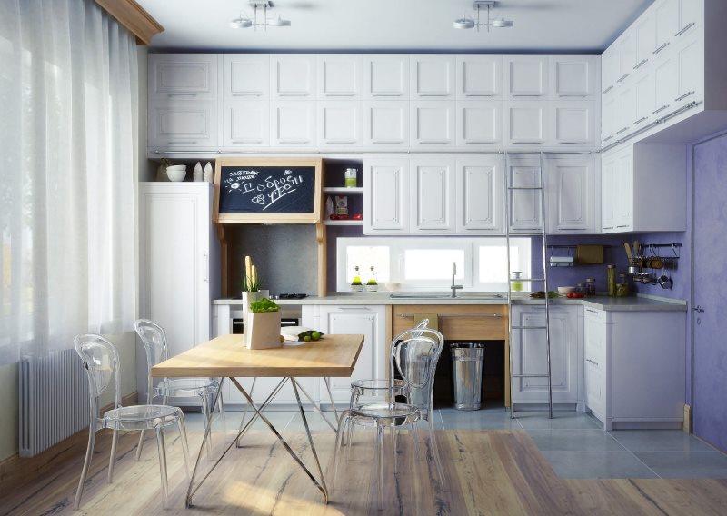 Cozinha de canto de estilo eclético com armários altos