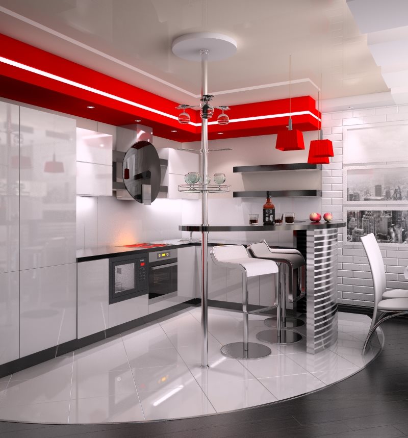Red accents in the white kitchen-living room