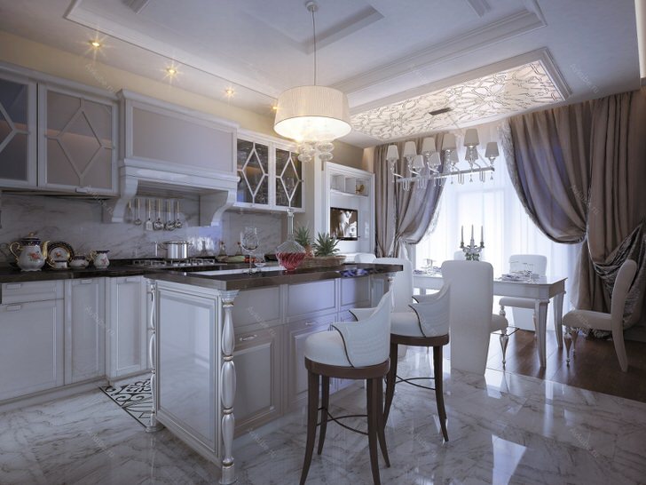 Cuisine néoclassique avec îlot au centre