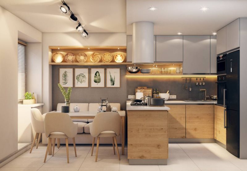 Design of a kitchen-living room of 16 squares