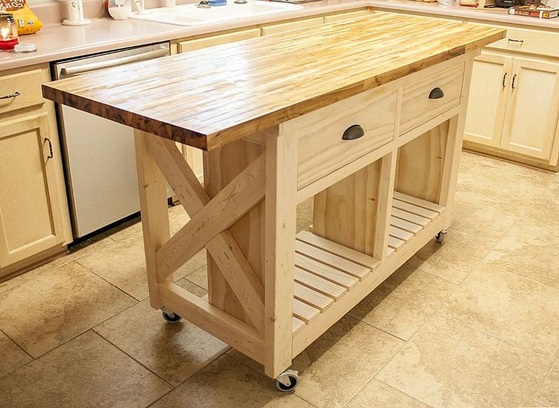 Wooden kitchen island on wheels