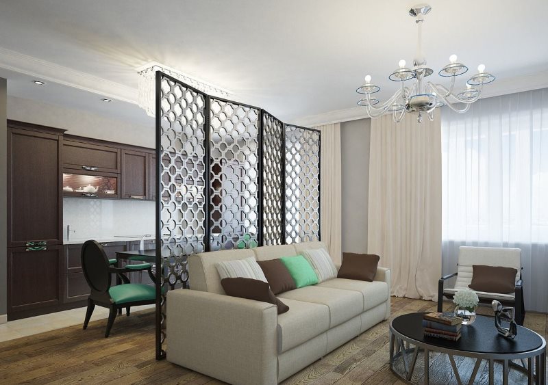 The interior of the kitchen-living room with a screen partition