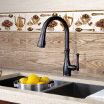 Vintage faucet on the background of apron made of wood tiles