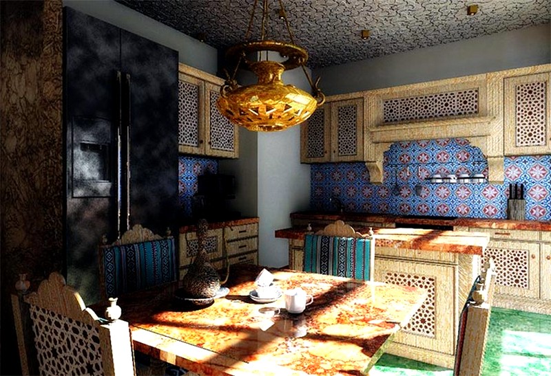 Azulejos de mosaico en la pared de la cocina en estilo oriental.