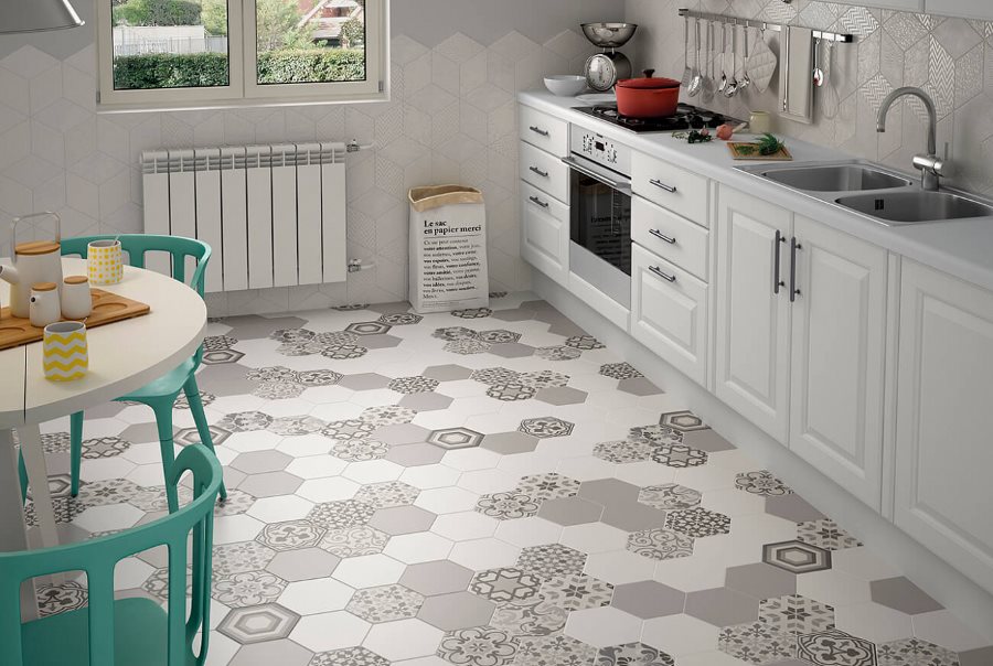 Original laying of hexagonal tiles on the kitchen floor