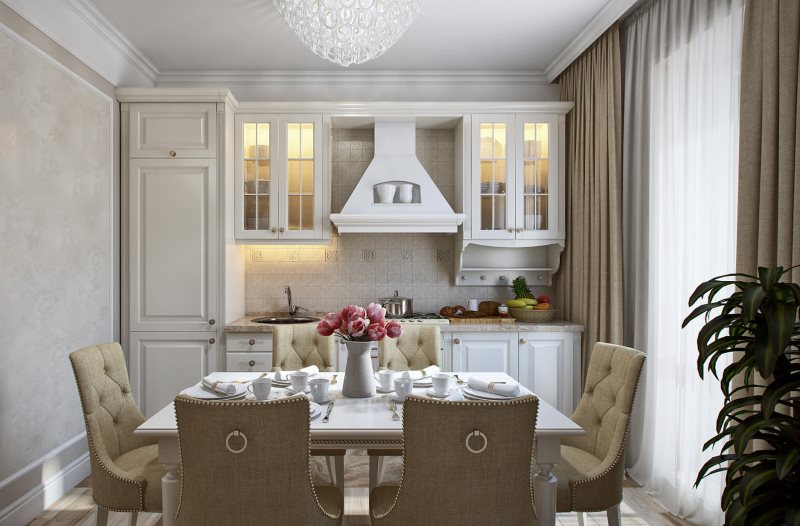 Illumination of cabinets in the kitchen-living room Provence style