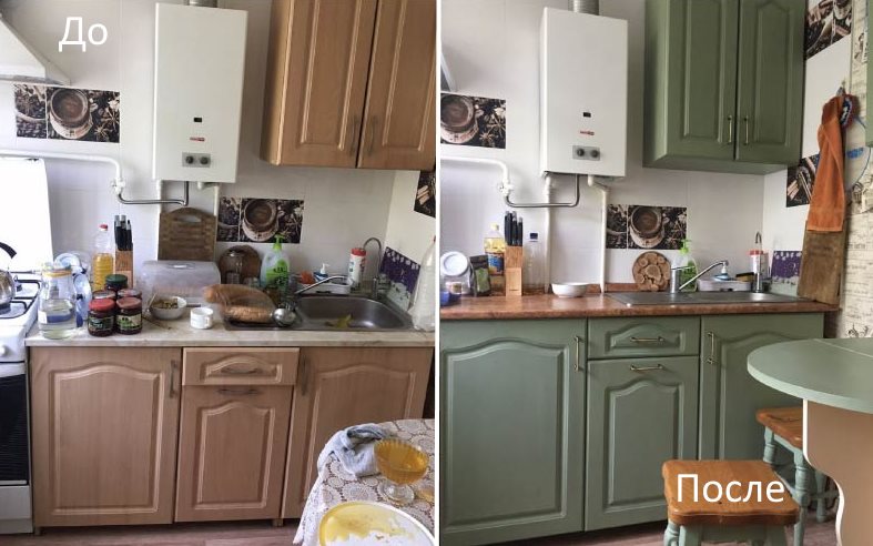 Photo of a kitchen set before and after painting with your own hands